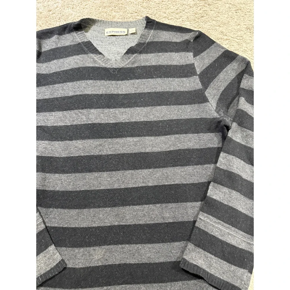 Express‎ Lambswool Striped V-Neck Sweater Grey Academia Preppy Office Grunge M